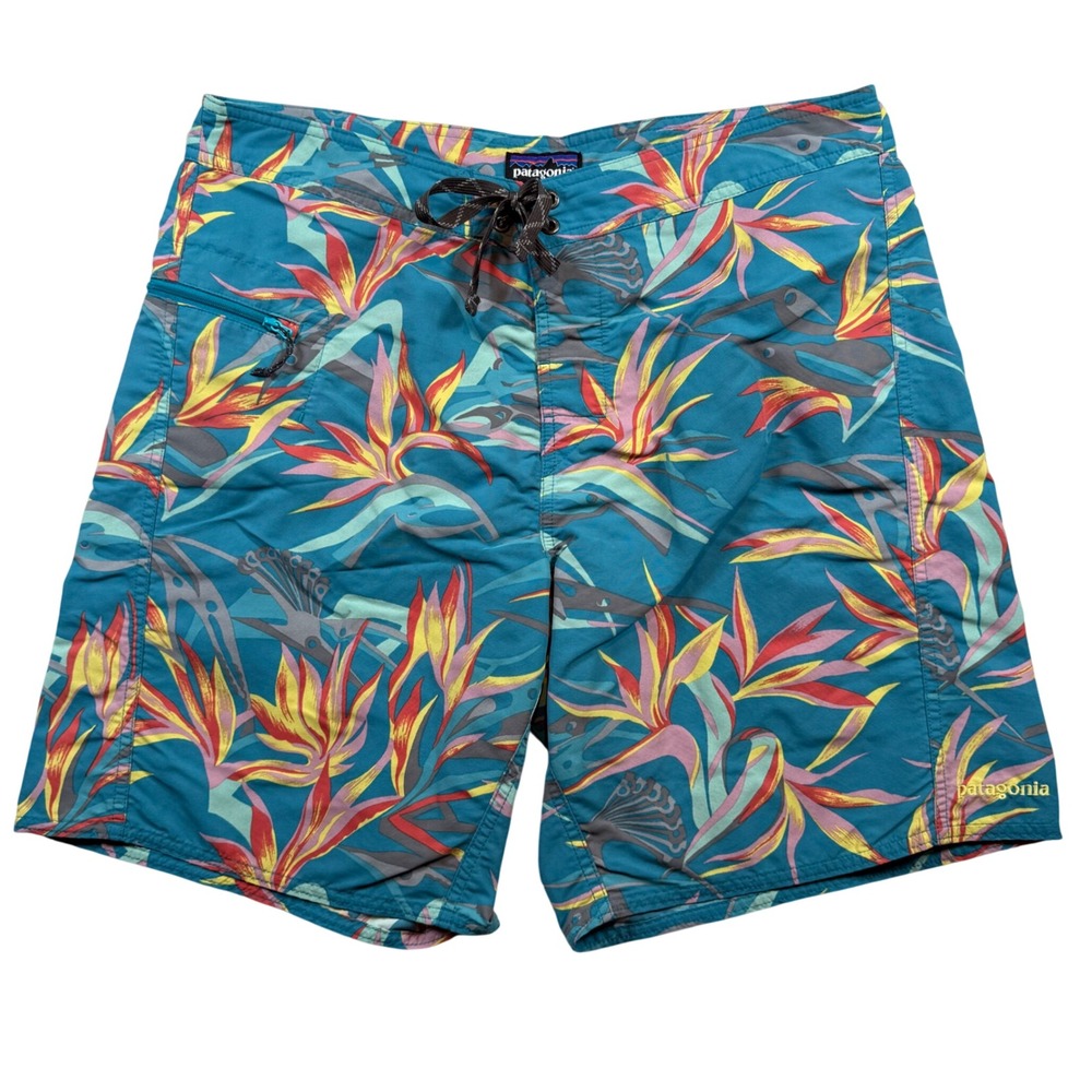 Patagonia Board Shorts Mens 34 Teal Floral Bird of Paradise Swim Trunks Surf